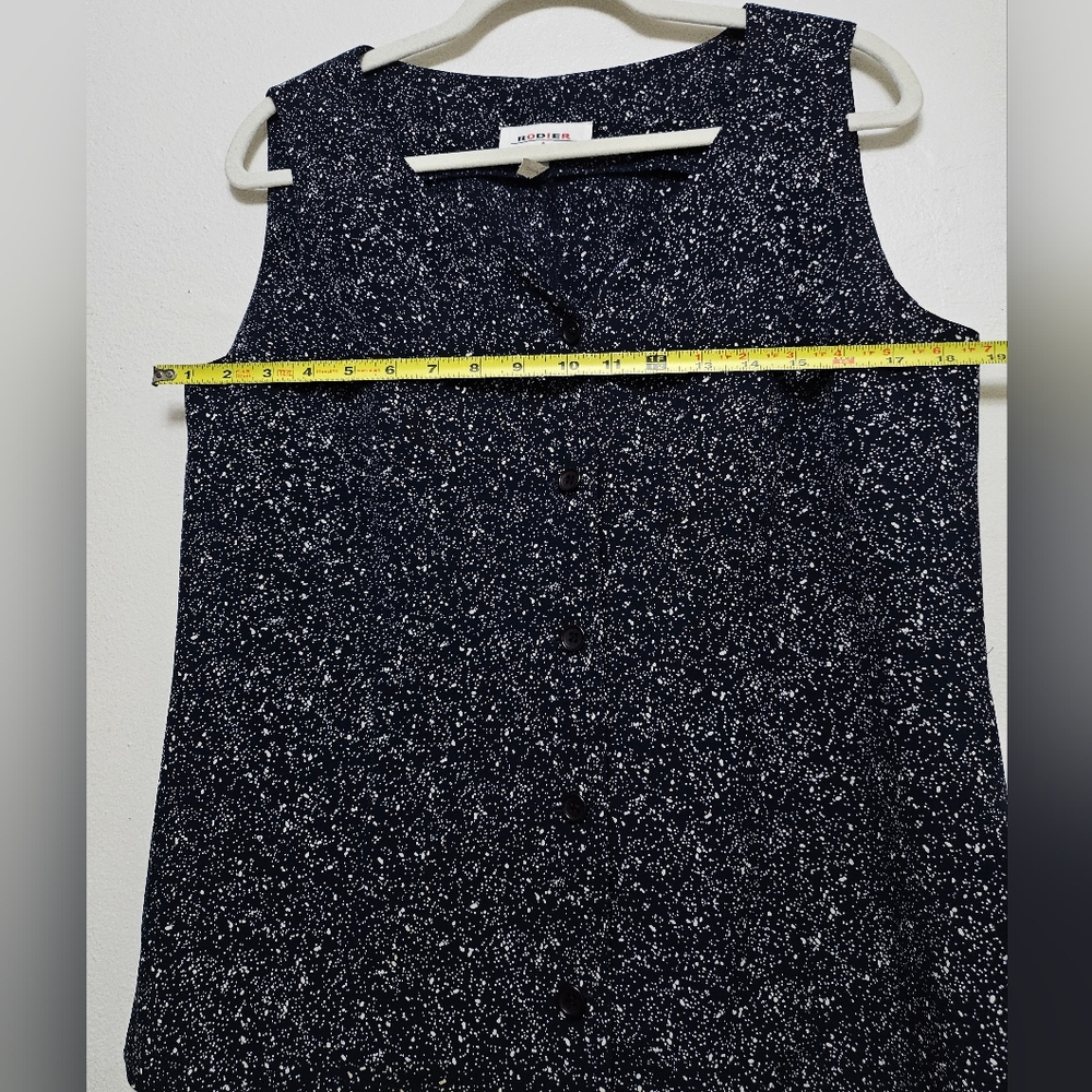 Rodier Blouse Button Up Navy Blue V-Neck Side Slits Sz L France - Picture 10 of 10